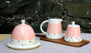 Flamingo Pink Milk Jug, with Charcoal polka dots