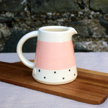 Load image into Gallery viewer, Flamingo Pink Milk Jug, with Charcoal polka dots
