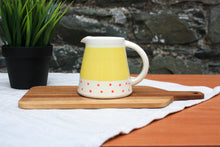 Load image into Gallery viewer, Sunshine Yellow Milk Jug, with Paprika Orange Polka Dots
