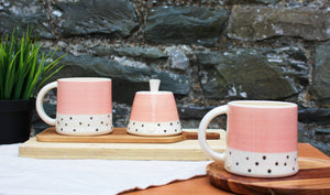 Flamingo Pink Mug, with Charcoal Polka Dots