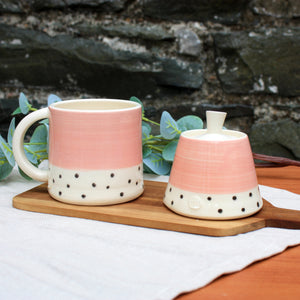 Flamingo Pink Mug, with Charcoal Polka Dots
