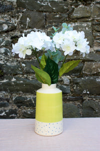Lime Green Vase, with Navy Polka dots