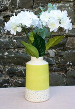 Load image into Gallery viewer, Lime Green Vase, with Navy Polka dots
