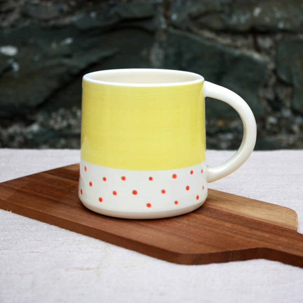 Sunshine Yellow Mug, with Paprika Orange Polka Dots