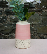 Load image into Gallery viewer, Flamingo Pink Vase, with Charcoal Polka Dots
