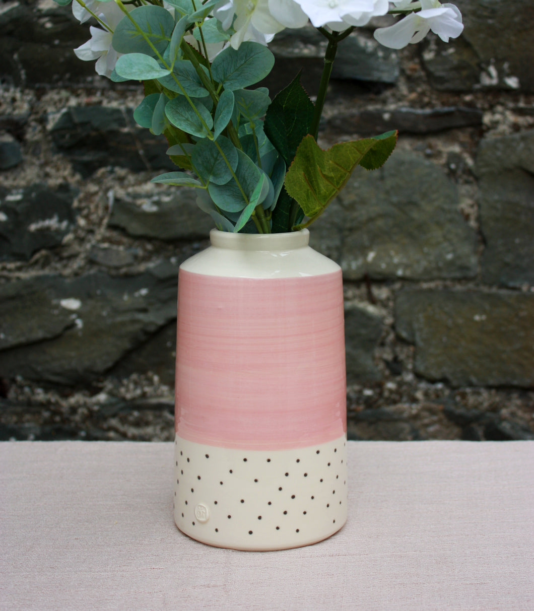 Flamingo Pink Vase, with Charcoal Polka Dots