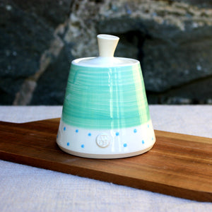 Turquoise Sugar Bowl, with Malibu Blue Polka Dots